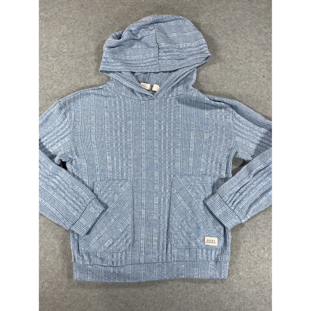 Roxy Girl Blue Ribbed Knit Hoodie Sweater Size 10 M Pockets Pullover 2993